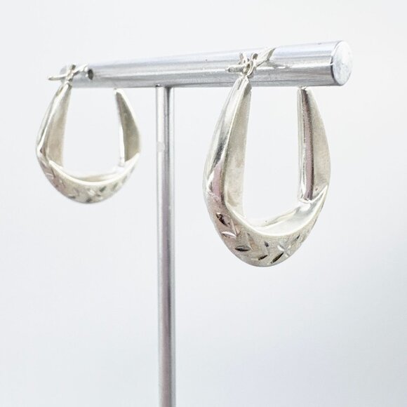 VTG Solid Sterling Silver 925 Etched Puffed Hoop Earrings Size 1" Length - Picture 3 of 7